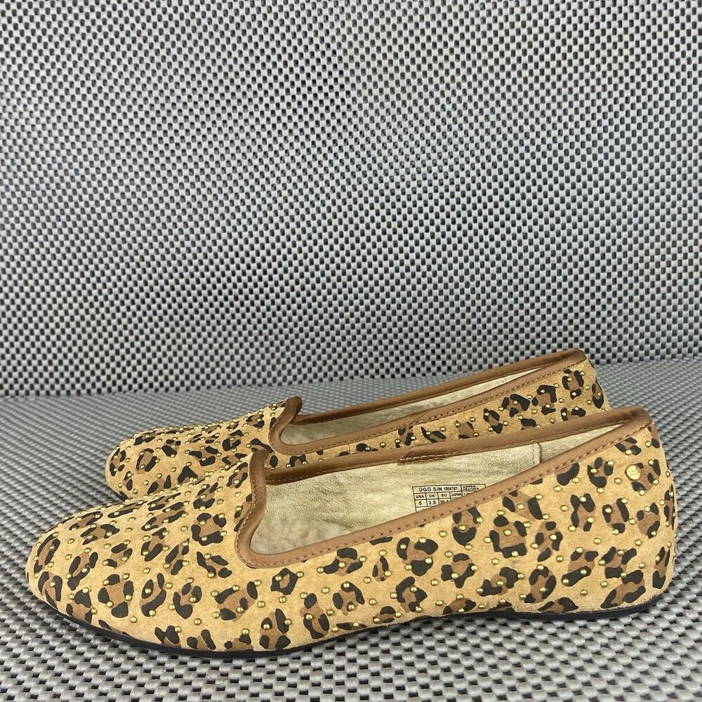 UGG Alloway Studded Ballet Flat Shoes 5 Brown Animal Print Leather Sheepskin - Picture 6 of 12